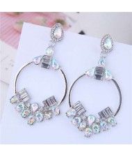 Rhinestone Embellished Dangling Hoop Fashion Women Earrings - Silver