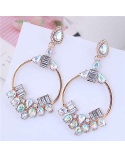 Rhinestone Embellished Dangling Hoop Fashion Women Earrings - Golden