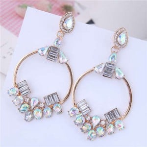 Rhinestone Embellished Dangling Hoop Fashion Women Earrings - Golden