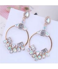 Rhinestone Embellished Dangling Hoop Fashion Women Earrings - Golden