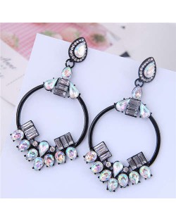 Rhinestone Embellished Dangling Hoop Fashion Women Earrings - Black