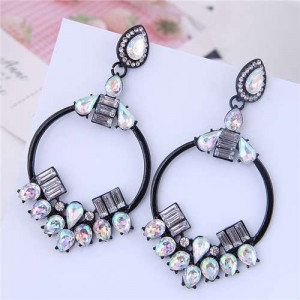 Rhinestone Embellished Dangling Hoop Fashion Women Earrings - Black