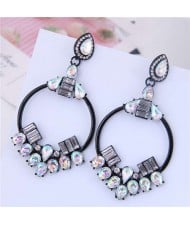 Rhinestone Embellished Dangling Hoop Fashion Women Earrings - Black