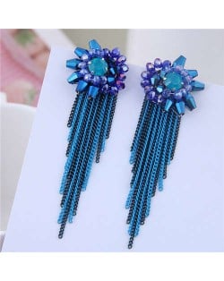 Crystal Flower Design Long Tassel Fashion Women Statement Earrings - Blue