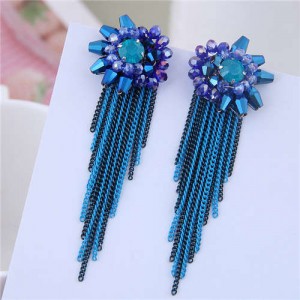 Crystal Flower Design Long Tassel Fashion Women Statement Earrings - Blue