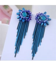 Crystal Flower Design Long Tassel Fashion Women Statement Earrings - Blue
