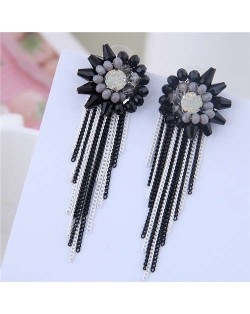 Crystal Flower Design Long Tassel Fashion Women Statement Earrings - Black