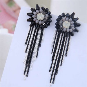 Crystal Flower Design Long Tassel Fashion Women Statement Earrings - Black