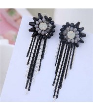Crystal Flower Design Long Tassel Fashion Women Statement Earrings - Black