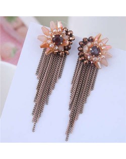 Crystal Flower Design Long Tassel Fashion Women Statement Earrings - Champagne
