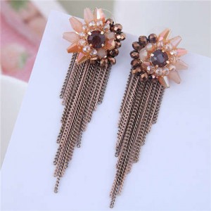 Crystal Flower Design Long Tassel Fashion Women Statement Earrings - Champagne