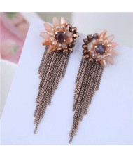 Crystal Flower Design Long Tassel Fashion Women Statement Earrings - Champagne
