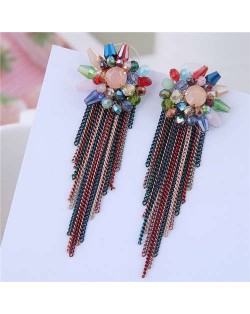 Crystal Flower Design Long Tassel Fashion Women Statement Earrings - Multicolor