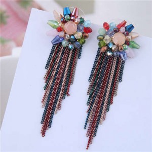 Crystal Flower Design Long Tassel Fashion Women Statement Earrings - Multicolor