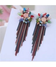 Crystal Flower Design Long Tassel Fashion Women Statement Earrings - Multicolor