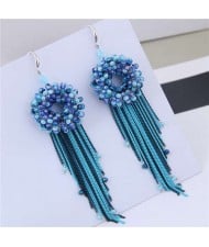 Crystal Beads Floral Garland Chains Tassel Design Women Fashion Earrings - Blue