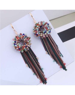 Crystal Beads Floral Garland Chains Tassel Design Women Fashion Earrings - Multicolor
