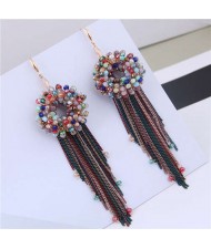 Crystal Beads Floral Garland Chains Tassel Design Women Fashion Earrings - Multicolor