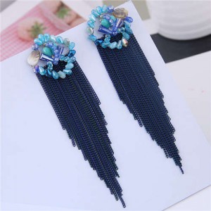 Bohemian Style Floral Hoop Design Chains Tassel Women Costume Earrings - Blue