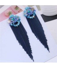 Bohemian Style Floral Hoop Design Chains Tassel Women Costume Earrings - Blue