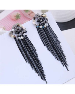 Bohemian Style Floral Hoop Design Chains Tassel Women Costume Earrings - Black