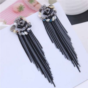 Bohemian Style Floral Hoop Design Chains Tassel Women Costume Earrings - Black