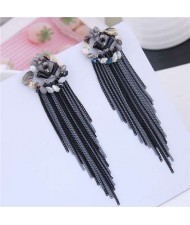 Bohemian Style Floral Hoop Design Chains Tassel Women Costume Earrings - Black