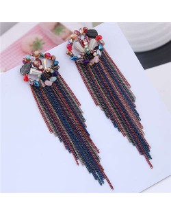 Bohemian Style Floral Hoop Design Chains Tassel Women Costume Earrings - Multicolor
