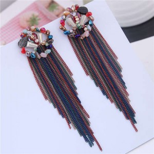 Bohemian Style Floral Hoop Design Chains Tassel Women Costume Earrings - Multicolor
