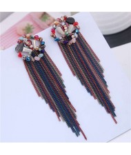 Bohemian Style Floral Hoop Design Chains Tassel Women Costume Earrings - Multicolor