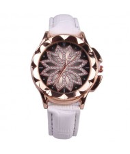 Vintage Hollow Design Floral Index Women Fashion Wrist Watch - White