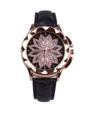 Vintage Hollow Design Floral Index Women Fashion Wrist Watch - Black