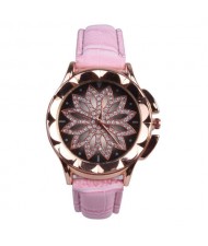 Vintage Hollow Design Floral Index Women Fashion Wrist Watch - Pink
