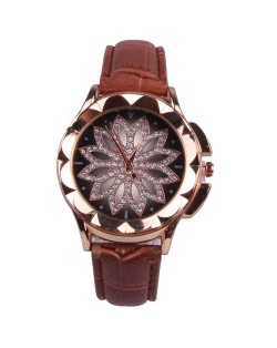 Vintage Hollow Design Floral Index Women Fashion Wrist Watch - Coffee