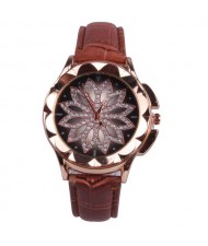 Vintage Hollow Design Floral Index Women Fashion Wrist Watch - Coffee
