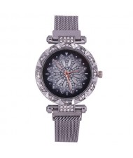 Lucky Lotus Design Shining Index Women Fashion Wrist Watch - Silver