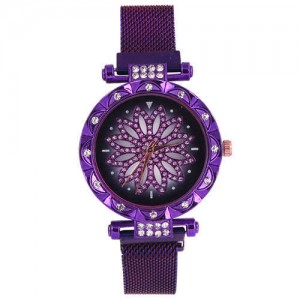 Lucky Lotus Design Shining Index Women Fashion Wrist Watch - Purple