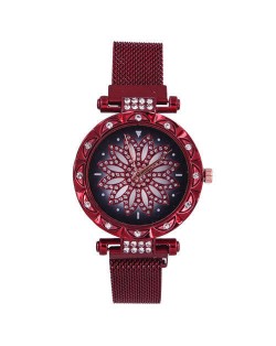 Lucky Lotus Design Shining Index Women Fashion Wrist Watch - Red