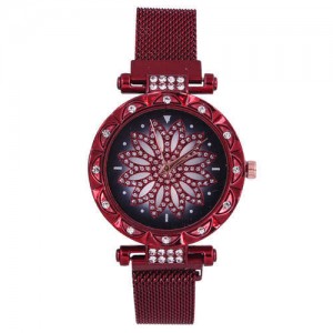 Lucky Lotus Design Shining Index Women Fashion Wrist Watch - Red