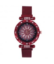 Lucky Lotus Design Shining Index Women Fashion Wrist Watch - Red