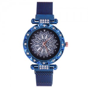 Lucky Lotus Design Shining Index Women Fashion Wrist Watch - Blue