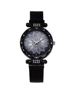 Lucky Lotus Design Shining Index Women Fashion Wrist Watch - Black