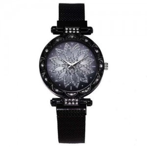 Lucky Lotus Design Shining Index Women Fashion Wrist Watch - Black