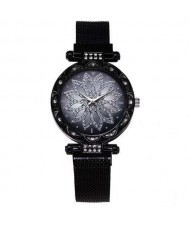 Lucky Lotus Design Shining Index Women Fashion Wrist Watch - Black