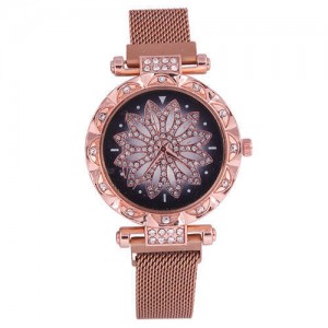 Lucky Lotus Design Shining Index Women Fashion Wrist Watch - Rose Gold