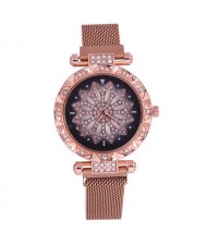 Lucky Lotus Design Shining Index Women Fashion Wrist Watch - Rose Gold