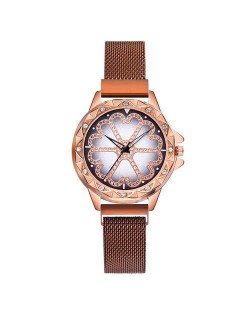 Rhinestone Embellished Floral Pattern Concise Index Women Fashion Wrist Watch - Rose Gold