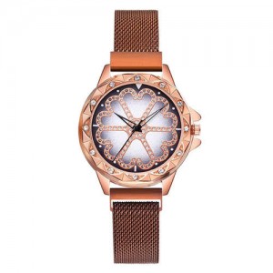 Rhinestone Embellished Floral Pattern Concise Index Women Fashion Wrist Watch - Rose Gold