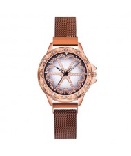 Rhinestone Embellished Floral Pattern Concise Index Women Fashion Wrist Watch - Rose Gold