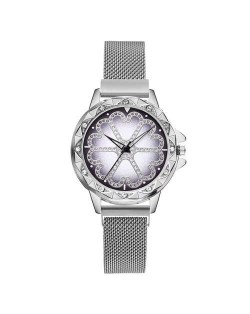 Rhinestone Embellished Floral Pattern Concise Index Women Fashion Wrist Watch - Silver